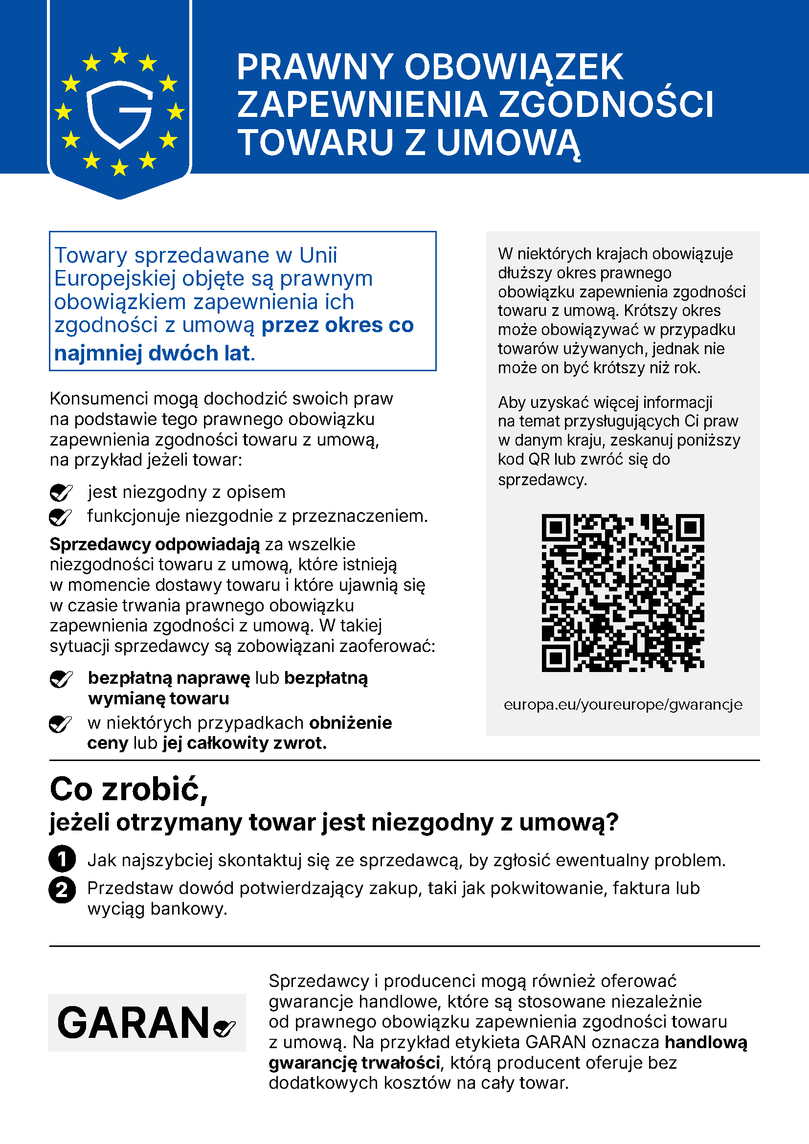 Informacja UE o gwarancji ustawowej zgodności towaru