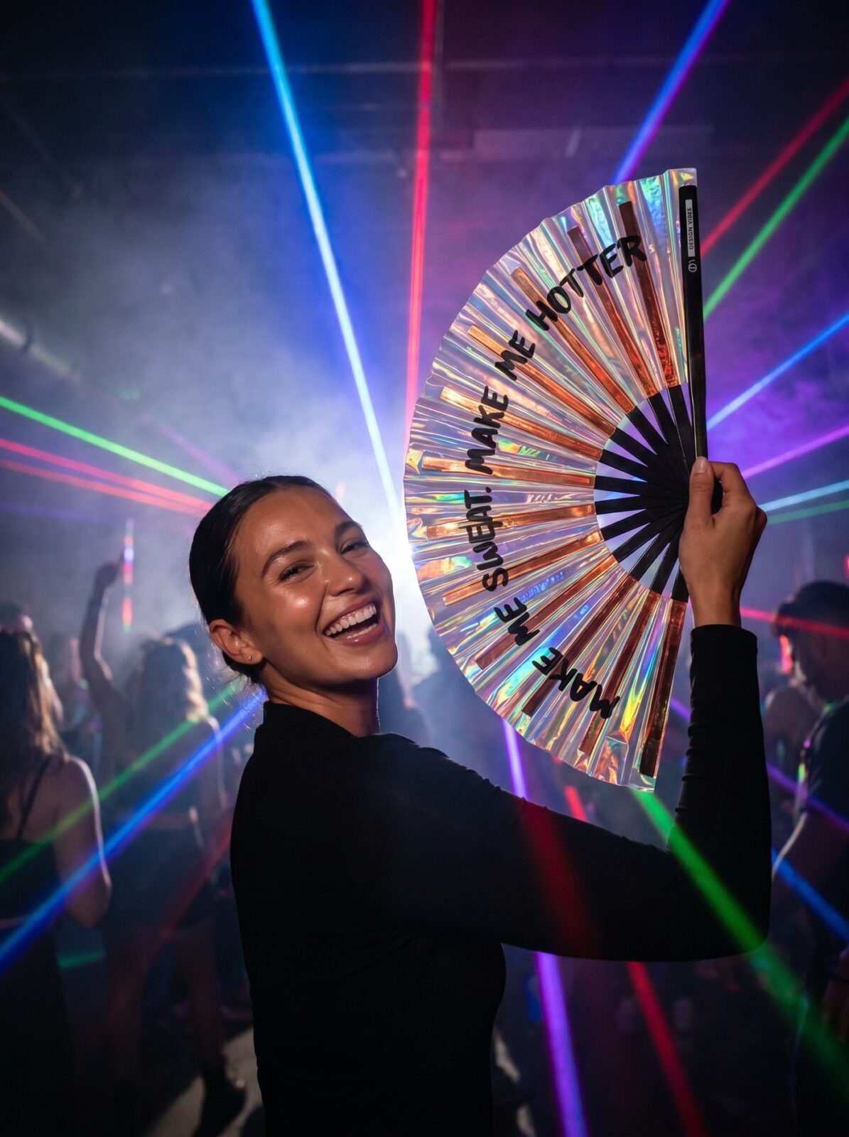Festival Fan „MAKE ME SWEAT” holograficzne różowe złoto – Rave – Widok 2