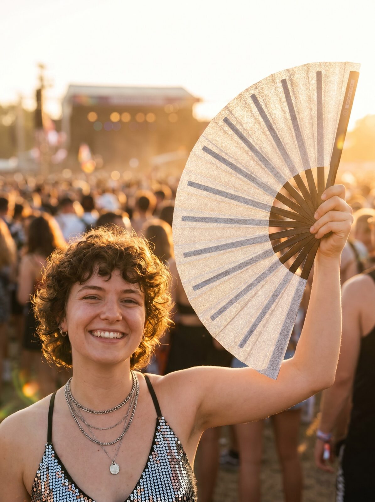 Wachlarz festiwalowy srebrny brokat – błyszczące akcesorium na rave i Pride – Widok 3