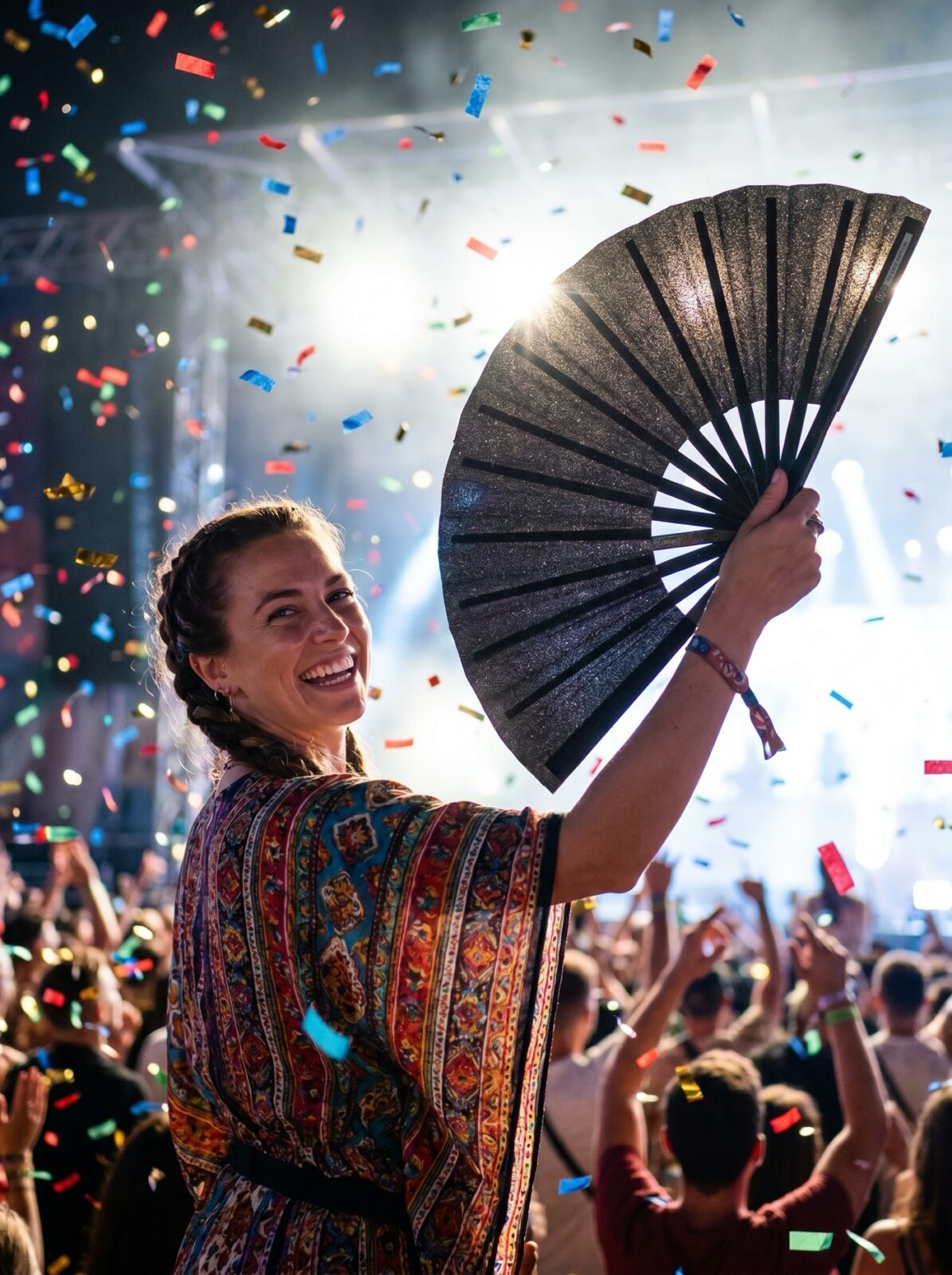 Wachlarz festiwalowy czarny brokat – eleganckie akcesorium na rave i Pride – Widok 4