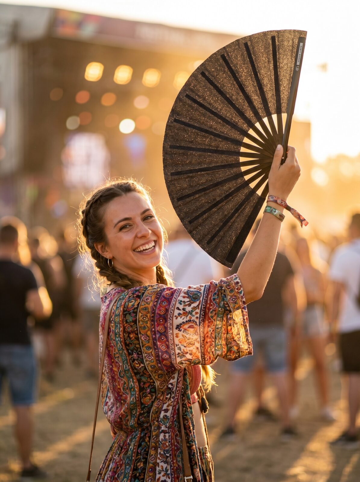 Wachlarz festiwalowy czarny brokat – eleganckie akcesorium na rave i Pride – Widok 3