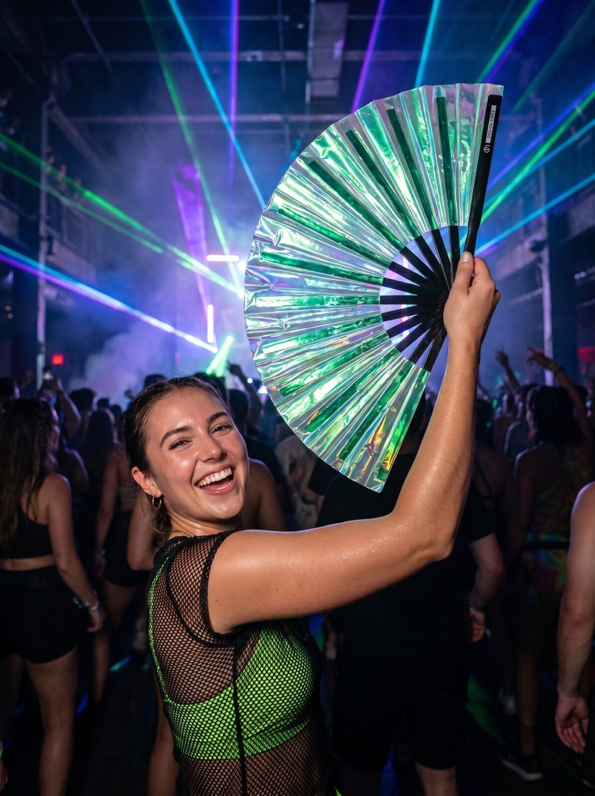 Festival Fan holograficzny zielony – opalizujące akcesorium Rave – Widok 2
