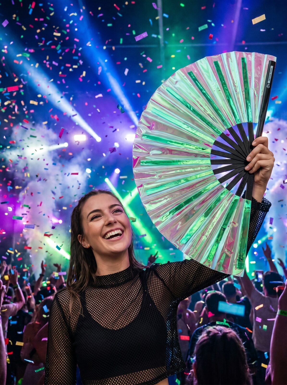 Festival Fan holograficzny zielony – opalizujące akcesorium Rave – Widok 4
