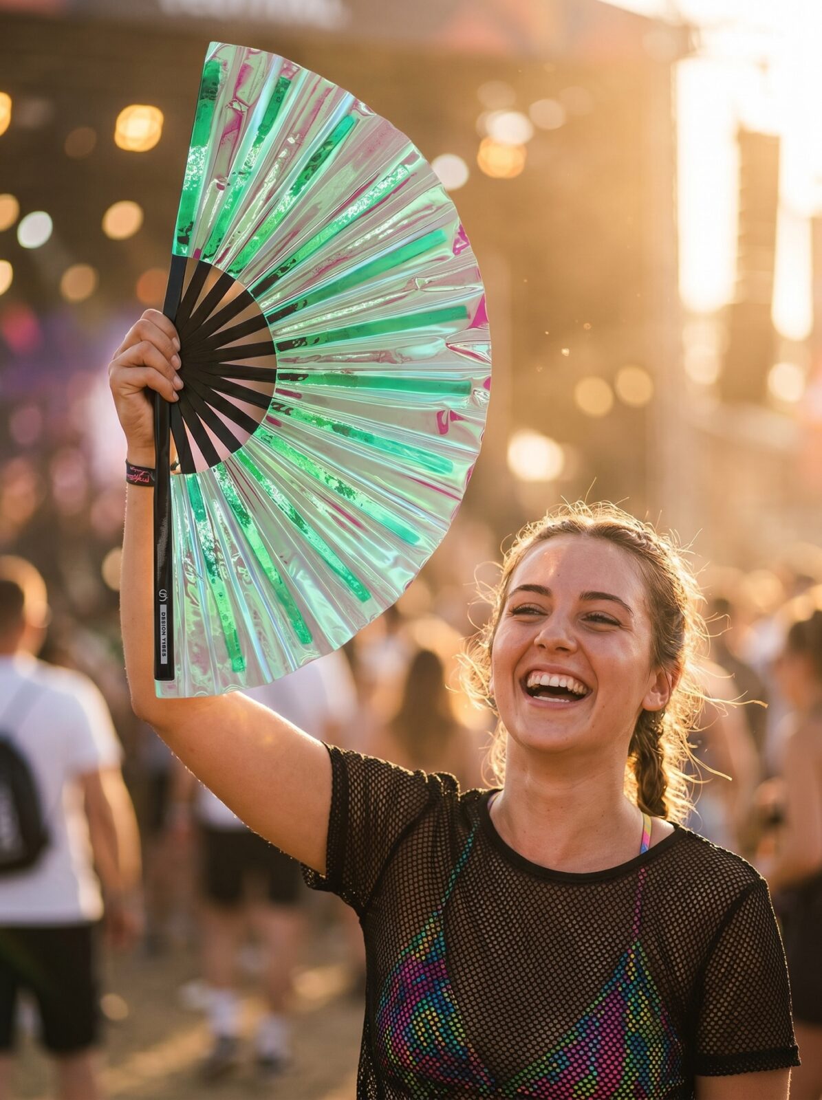 Festival Fan holograficzny zielony – opalizujące akcesorium Rave – Widok 3