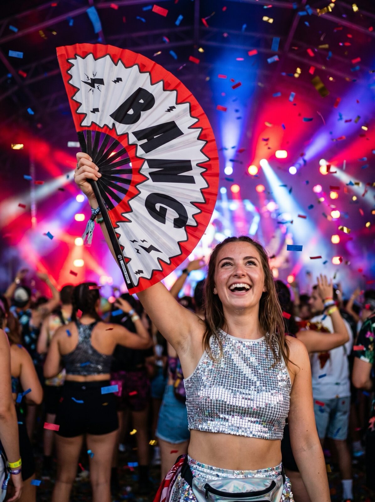 Festival Fan „BANG” komiks w kolorze czerwonym i białym – akcesorium Rave & Party – Widok 4
