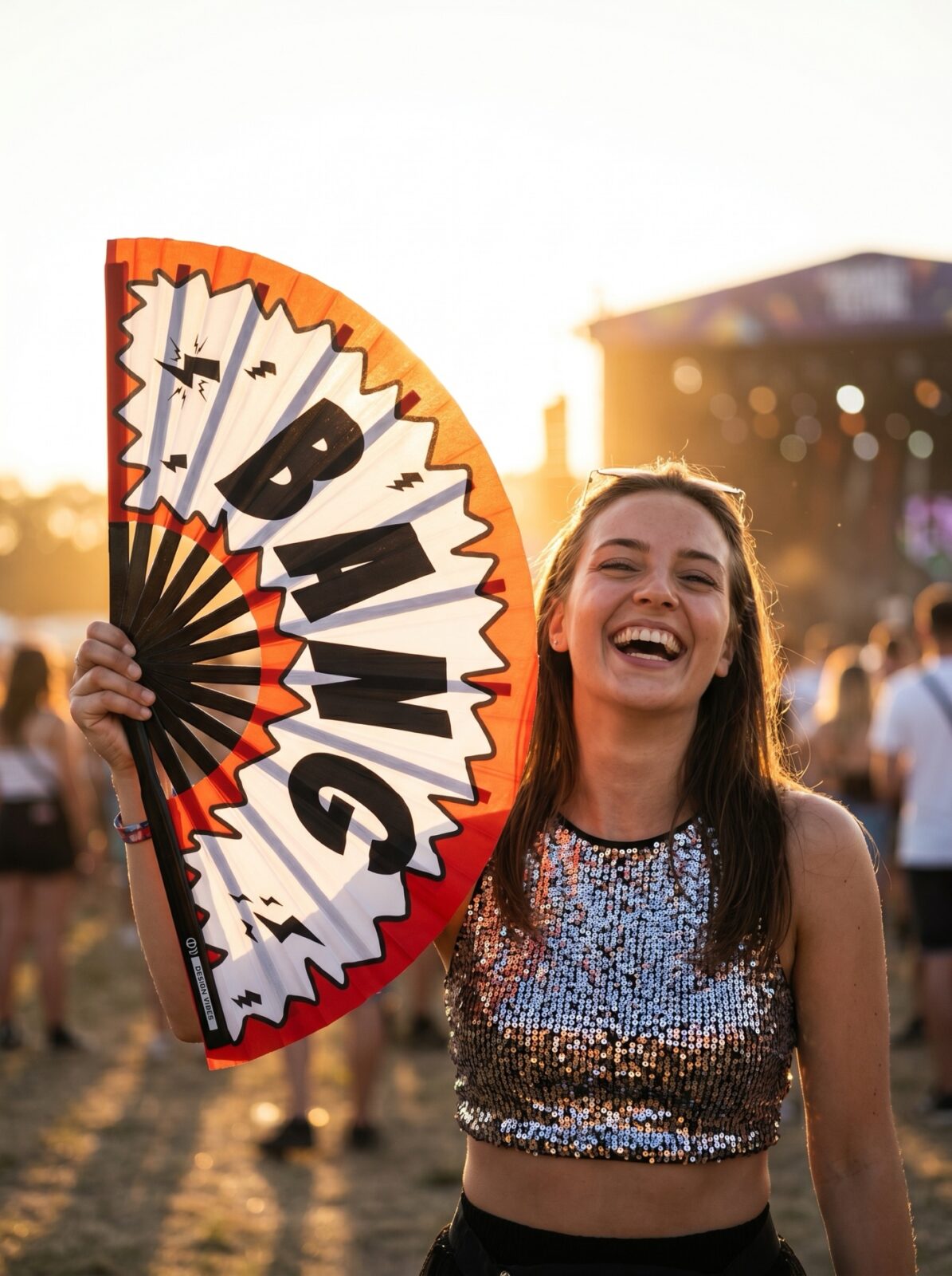 Festival Fan „BANG” komiks w kolorze czerwonym i białym – akcesorium Rave & Party – Widok 3