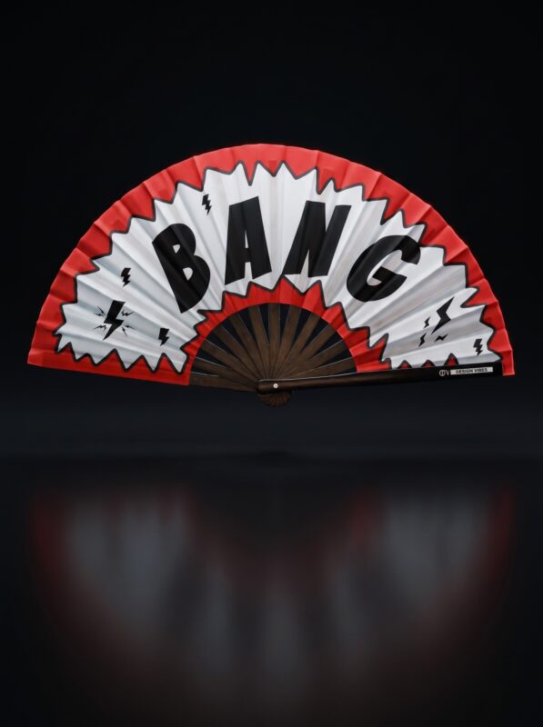 Festival Fan "BANG" komiks w kolorze czerwonym i białym - akcesorium Rave & Party