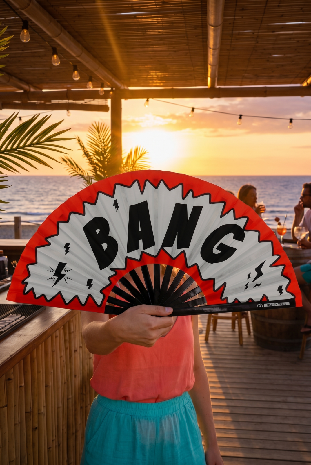 Festival Fan „BANG” komiks w kolorze czerwonym i białym – akcesorium Rave & Party – Widok 6