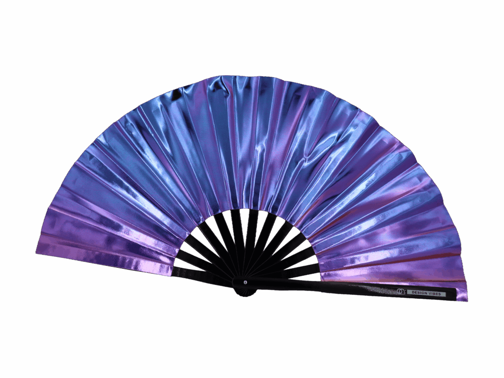 Holograficzny, niebiesko-fioletowy Festival Fan na Tomorrowland 2026, metaliczny wachlarz na rave