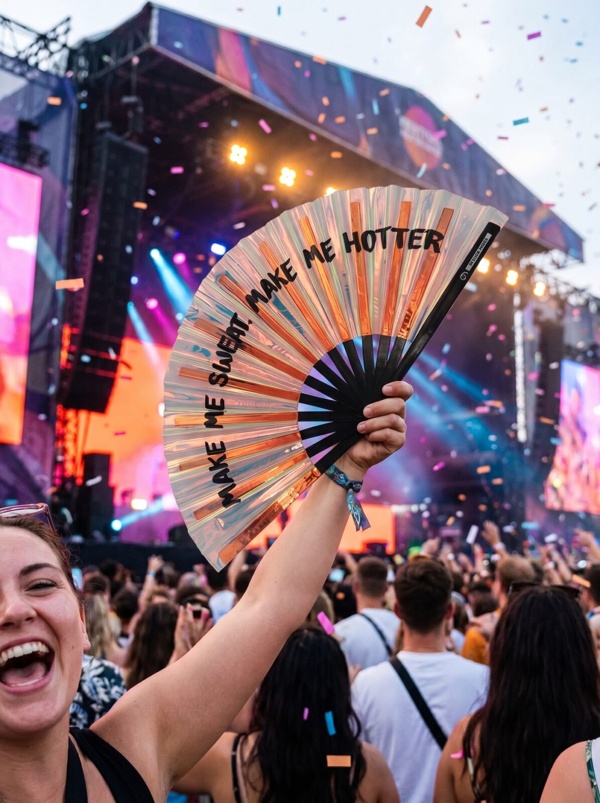 Festival Fan „MAKE ME SWEAT” holograficzne różowe złoto – Rave – Widok 4