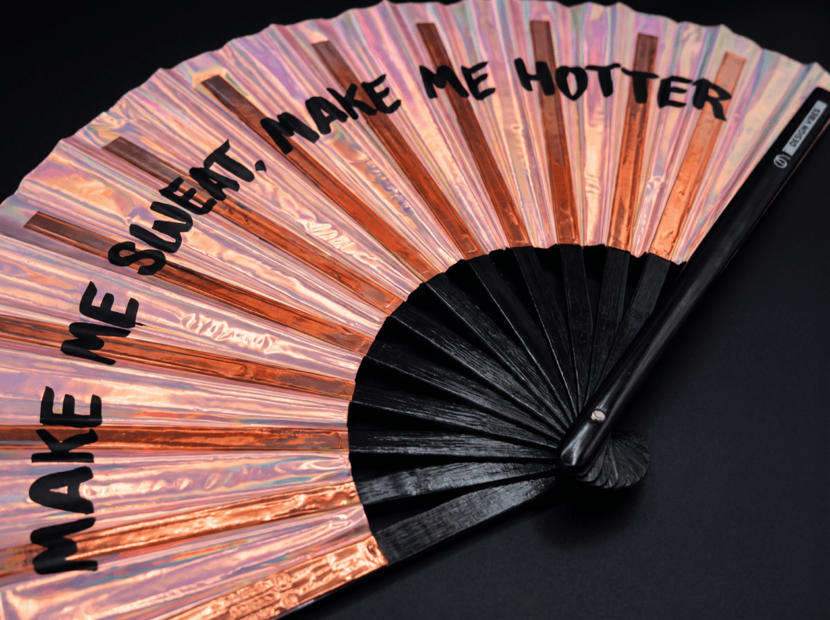 Festival Fan „MAKE ME SWEAT”, holograficzny, w kolorze różowego złota, w stylu Rave, Widok 8