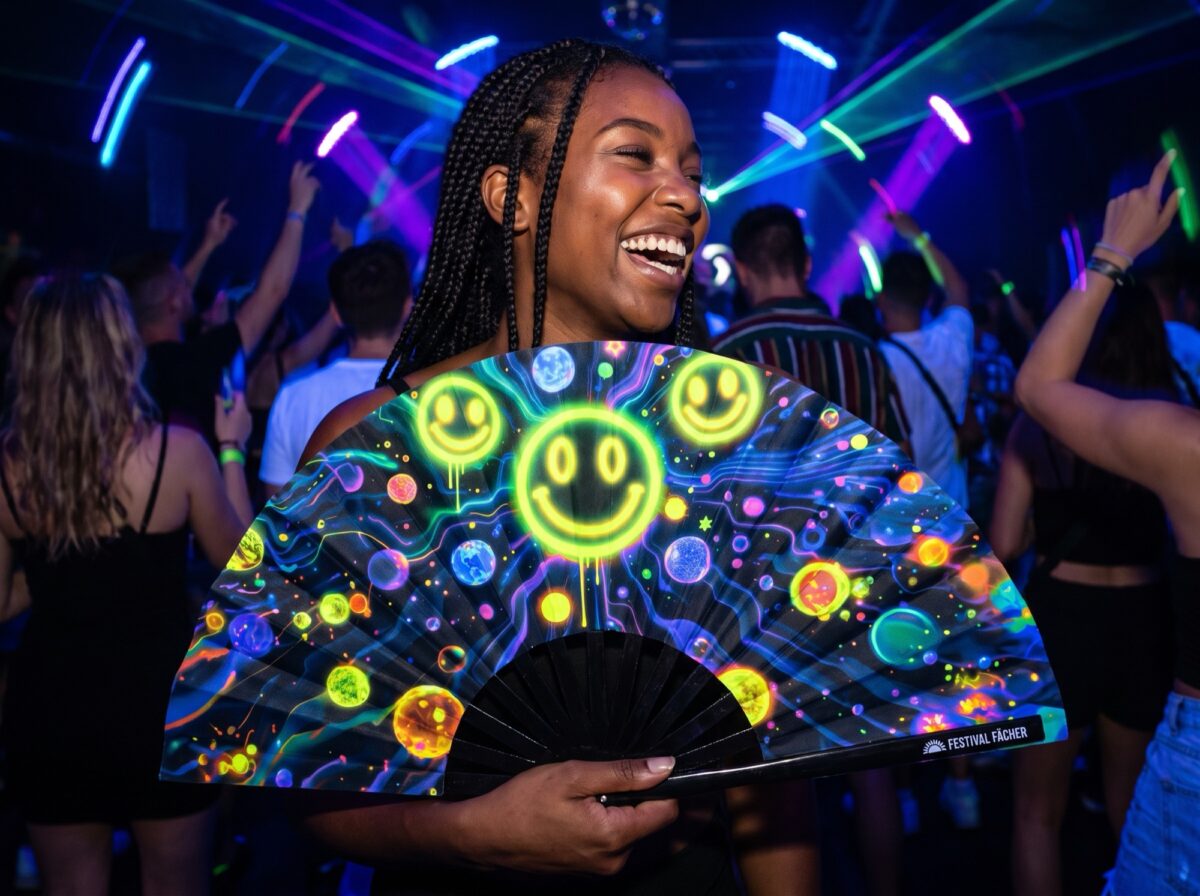 Festival Fan z neonowymi, kwaśnymi uśmiechami w kolorze czarnym, idealne na Techno i Rave, Widok 2