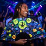 Festival Fan z neonowymi, kwaśnymi uśmiechami w kolorze czarnym, idealne na Techno i Rave, Widok 2