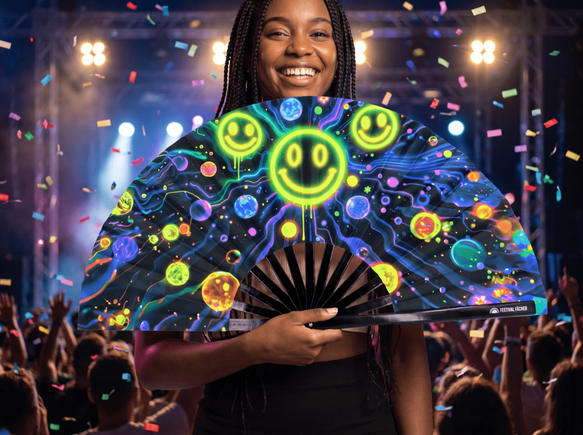 Festival Fan z neonowymi, kwaśnymi uśmiechami w kolorze czarnym, idealne na Techno i Rave, Widok 4