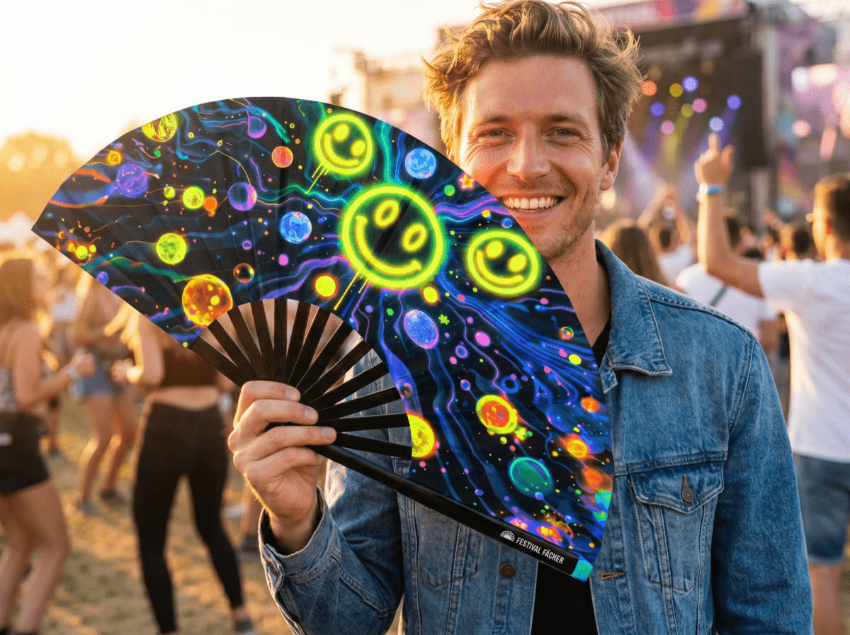 Festival Fan z neonowymi, kwaśnymi uśmiechami w kolorze czarnym, idealne na Techno i Rave, Widok 3