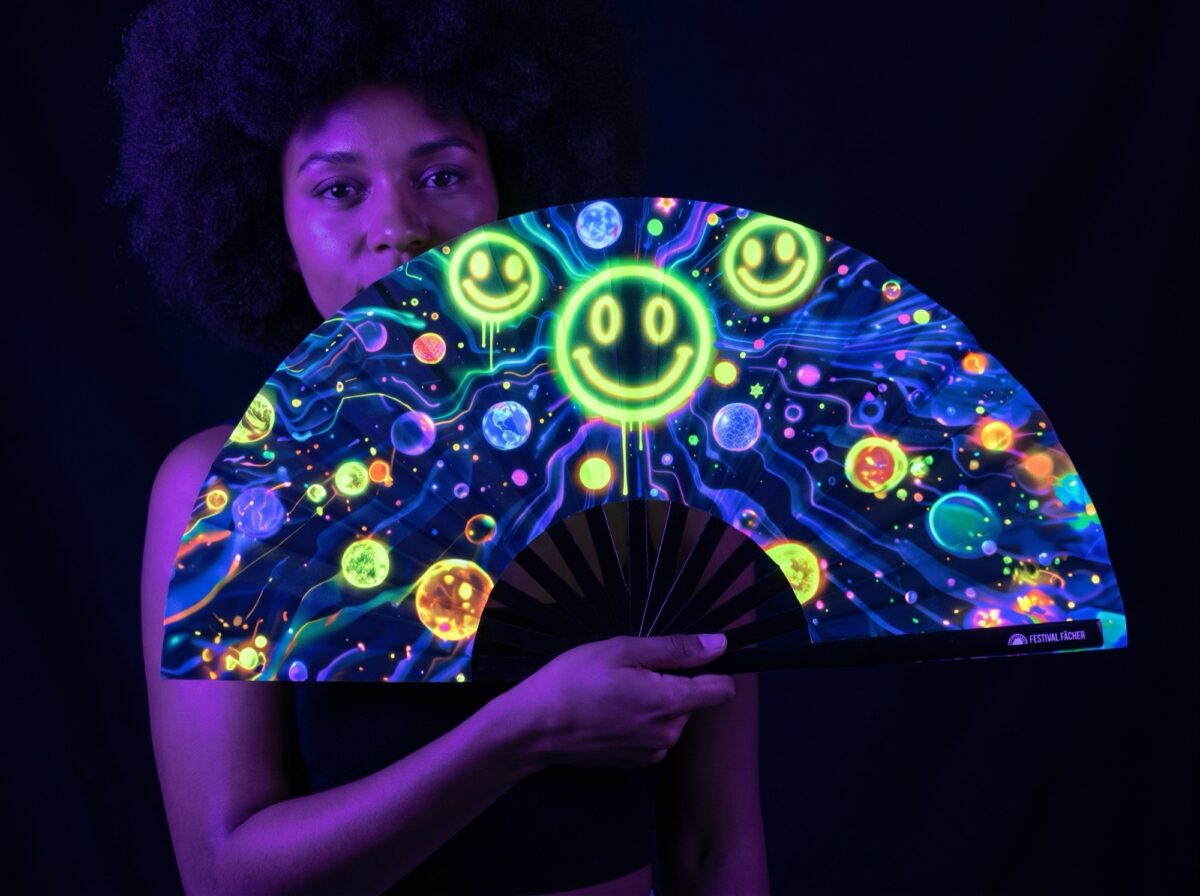 Festival Fan z neonowymi, kwaśnymi uśmiechami w kolorze czarnym, idealne na Techno i Rave Rave (UV)