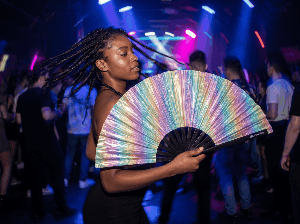 Festival Fan holograficzny, brokatowy, w pastelowych kolorach tęczy, na festiwale i Rave, Widok 2