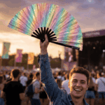 Festival Fan holograficzny, brokatowy, w pastelowych kolorach tęczy, na festiwale i Rave, Widok 3