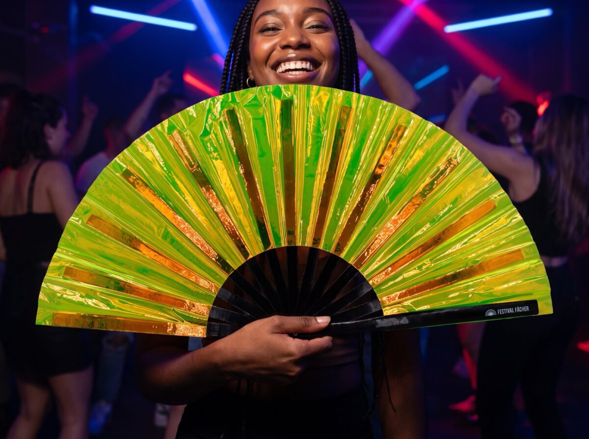 Festival Fan, holograficzny, przezroczysty, w kolorze neonowej zieleni, na imprezy Rave i Techno, Widok 2