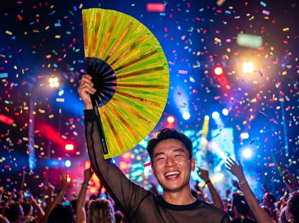 Festival Fan, holograficzny, przezroczysty, w kolorze neonowej zieleni, na imprezy Rave i Techno, Widok 4