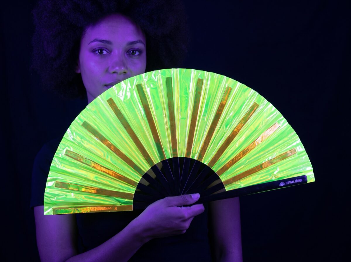 Festival Fan, holograficzny, przezroczysty, w kolorze neonowej zieleni, na imprezy Rave i Techno Rave (UV)