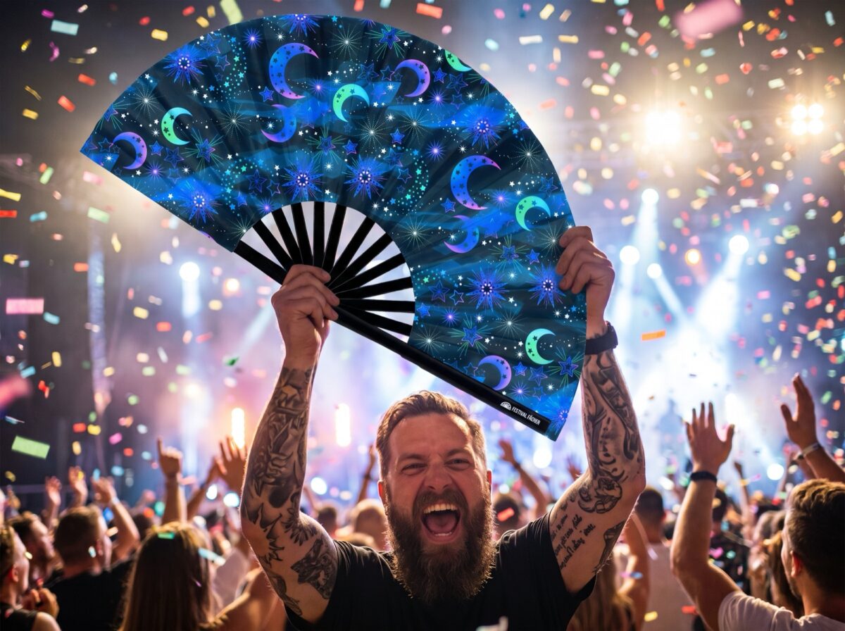 Festival Fan „Księżyc i gwiazdy” w kolorze nocnego błękitu, idealny na festiwale i styl boho, Widok 4