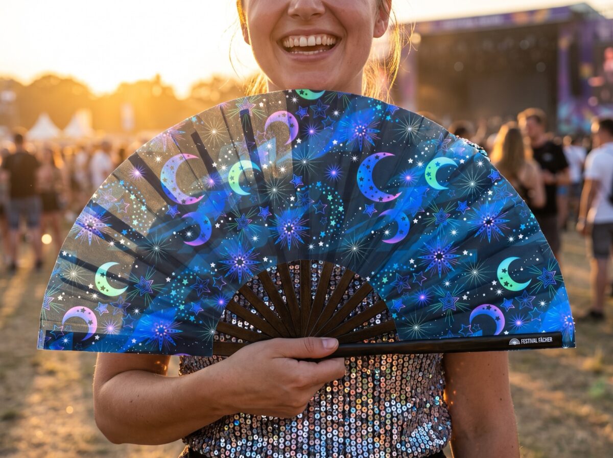 Festival Fan „Księżyc i gwiazdy” w kolorze nocnego błękitu, idealny na festiwale i styl boho, Widok 3