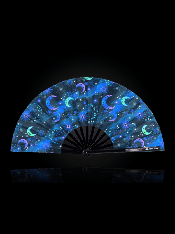 Festival Fan „Księżyc i gwiazdy” w kolorze nocnego błękitu, idealny na festiwale i styl boho