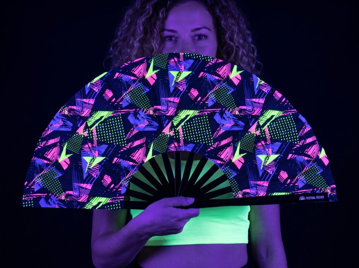 Festival Fan „Neon-Geometria”, czarny, na imprezy Techno i Rave Rave (UV)