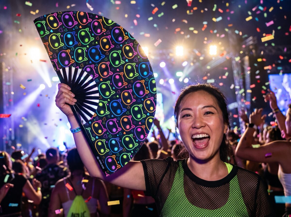 Festival Fan „Neonowe koty”, czarne, na Rave’y i festiwale, Widok 4
