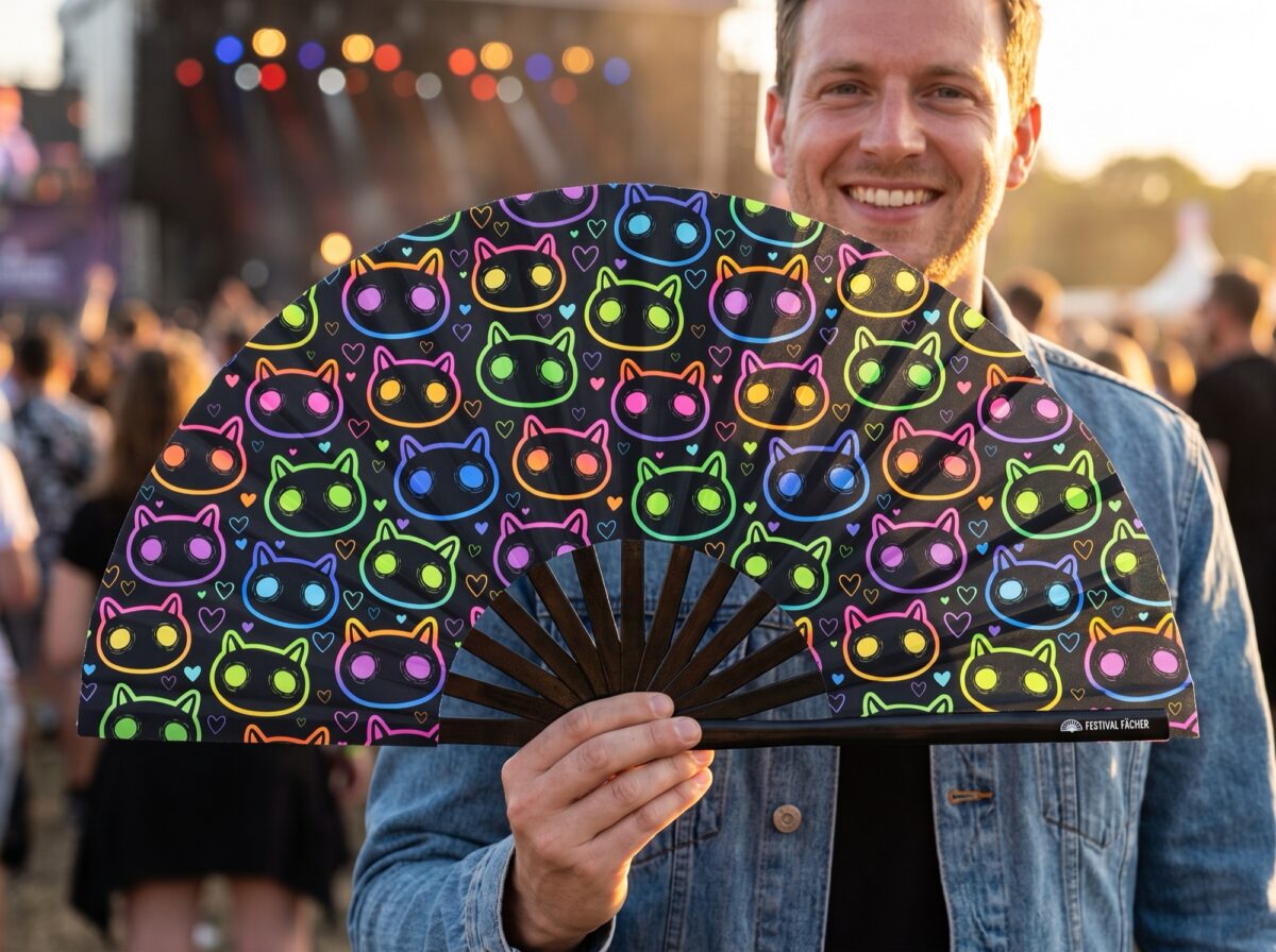 Festival Fan „Neonowe koty”, czarne, na Rave’y i festiwale, Widok 3