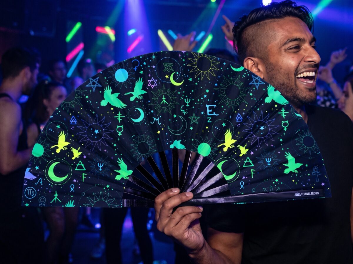 Festival Fan okultystycznymi symbolami, neonowo-czarne, na psytrance i Rave, Widok 2