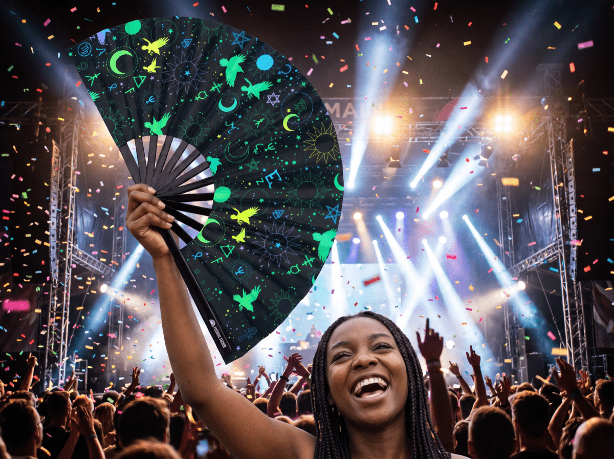 Festival Fan okultystycznymi symbolami, neonowo-czarne, na psytrance i Rave, Widok 4
