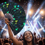 Festival Fan okultystycznymi symbolami, neonowo-czarne, na psytrance i Rave, Widok 4