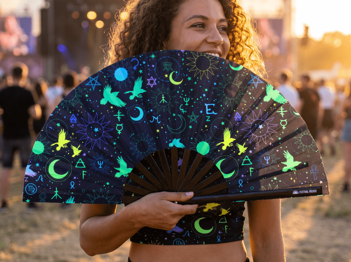 Festival Fan okultystycznymi symbolami, neonowo-czarne, na psytrance i Rave, Widok 3