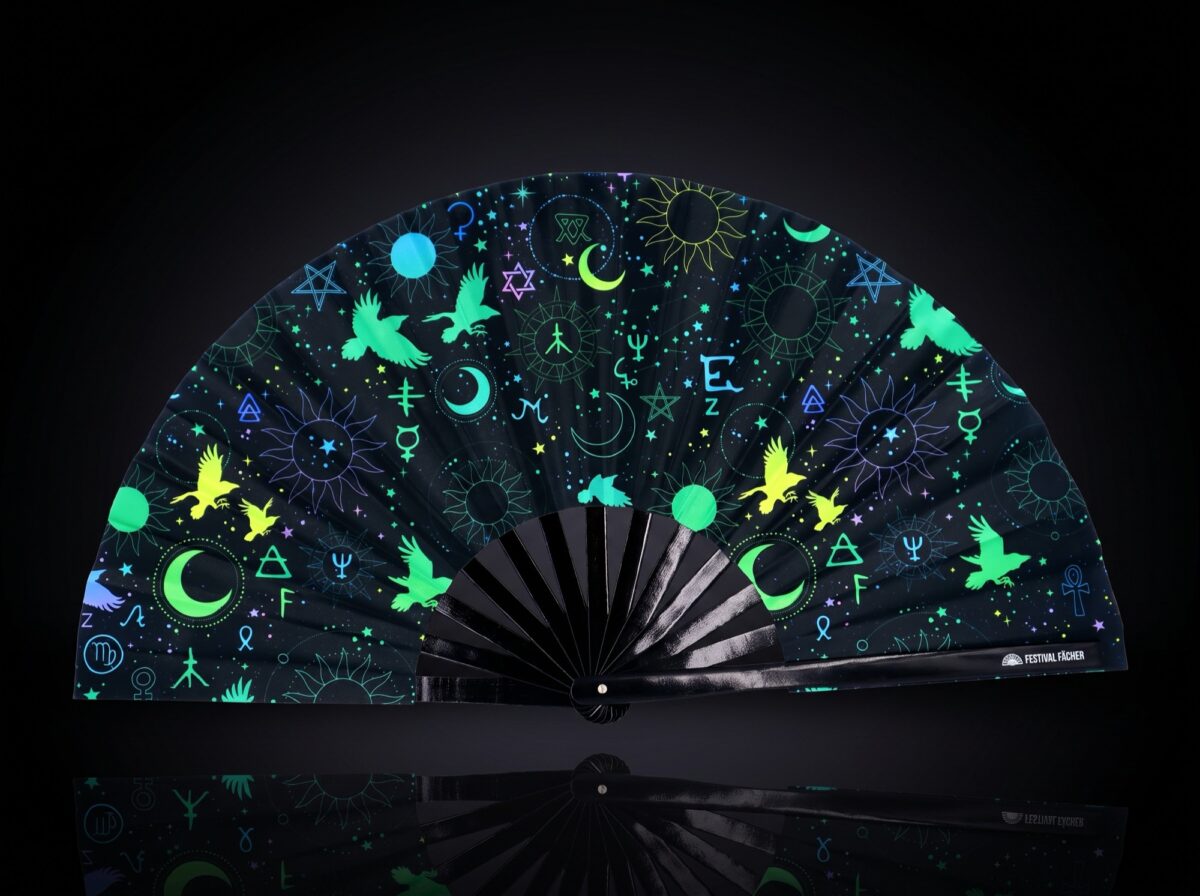 Festival Fan okultystycznymi symbolami, neonowo-czarne, na psytrance i Rave