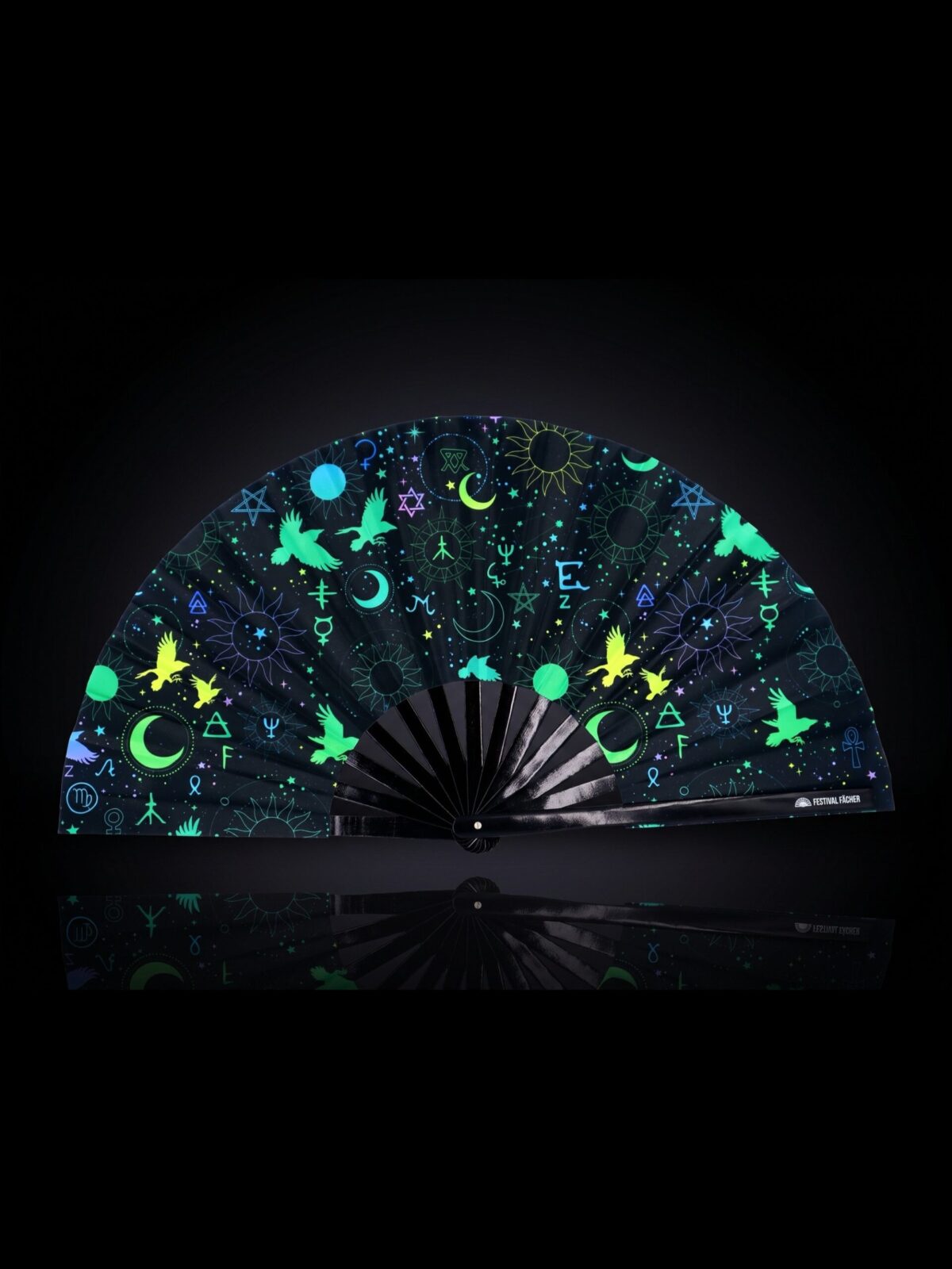 Festival Fan okultystycznymi symbolami, neonowo-czarne, na psytrance i Rave