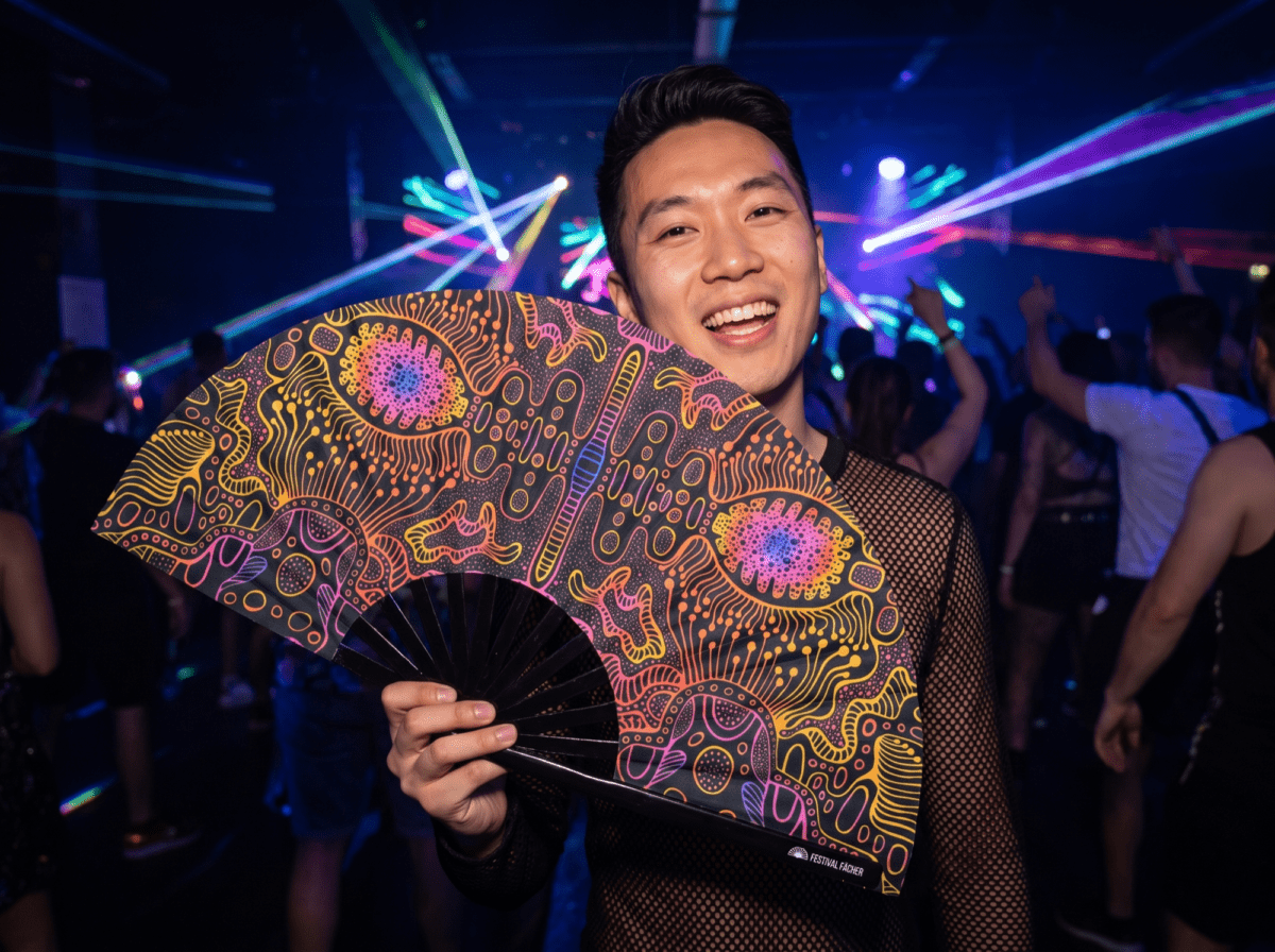 Festival Fan z neonowymi wzorami w kolorze czarnym, do psytrance’u i goa, Widok 2