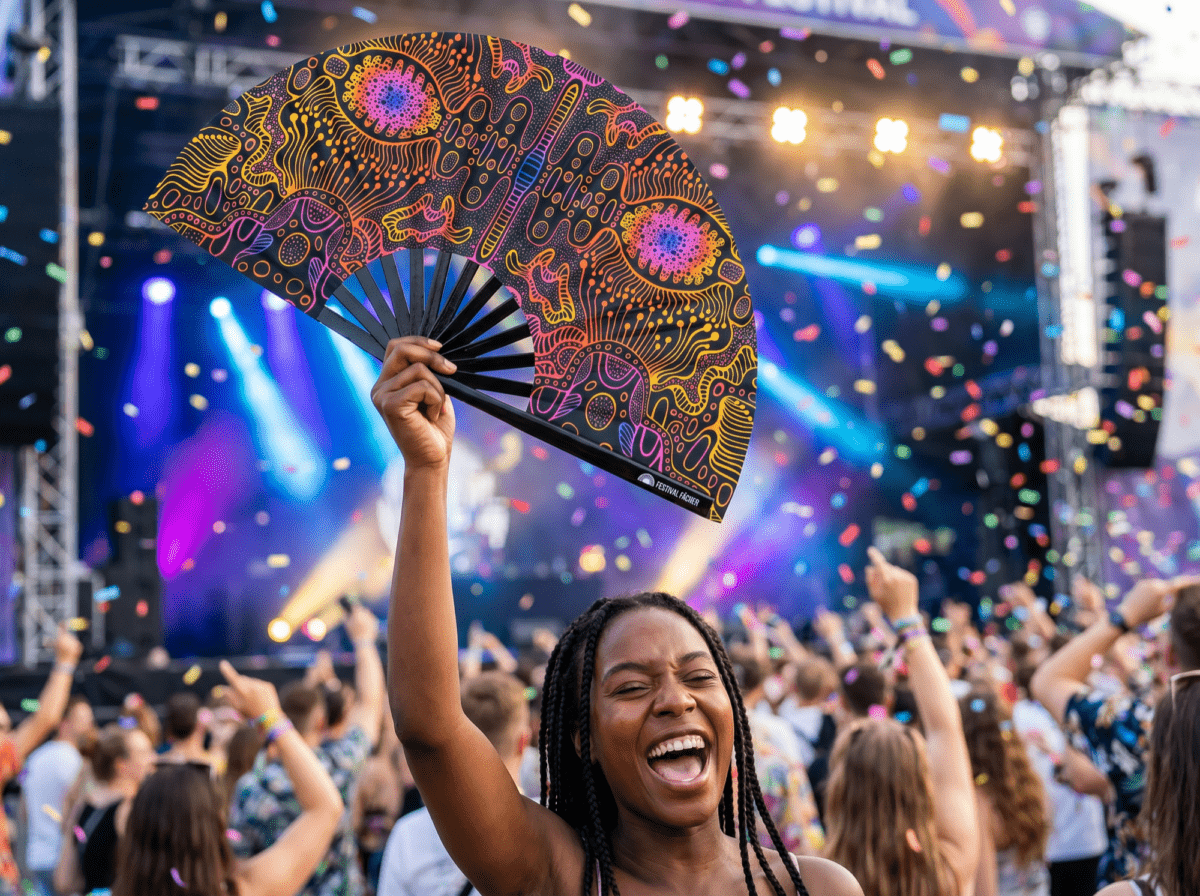 Festival Fan z neonowymi wzorami w kolorze czarnym, do psytrance’u i goa, Widok 4