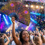 Festival Fan z neonowymi wzorami w kolorze czarnym, do psytrance’u i goa, Widok 4