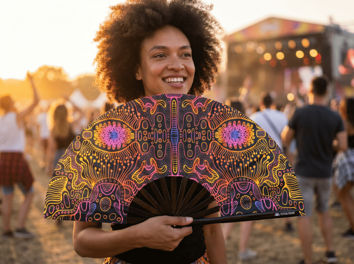 Festival Fan z neonowymi wzorami w kolorze czarnym, do psytrance’u i goa, Widok 3