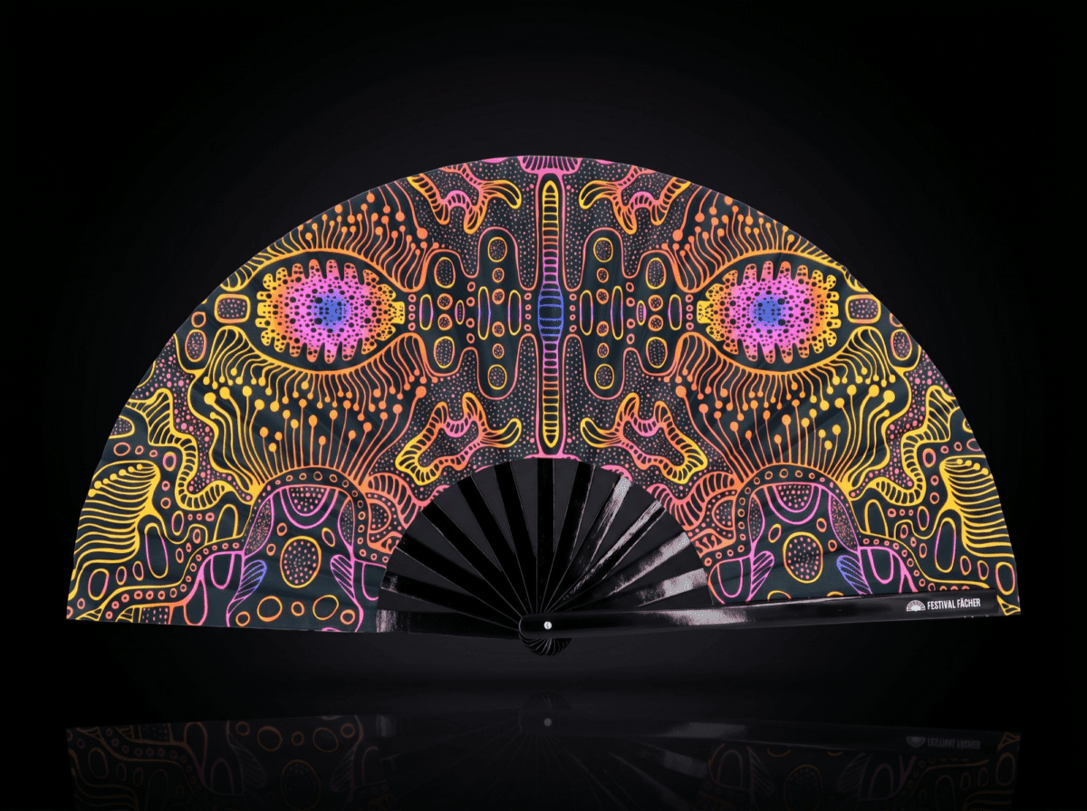 Festival Fan z neonowymi wzorami w kolorze czarnym, do psytrance’u i goa