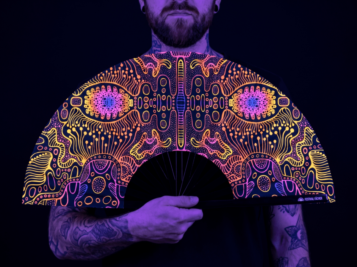 Festival Fan z neonowymi wzorami w kolorze czarnym, do psytrance’u i goa Rave (UV)