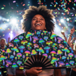 Festival Fan z neonowymi grzybkami, kolorowe na czarnym tle, do psytrance’u i goa, Widok 4