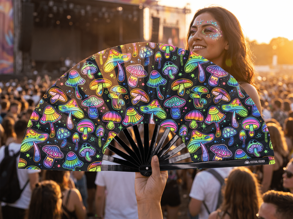 Festival Fan z neonowymi grzybkami, kolorowe na czarnym tle, do psytrance’u i goa, Widok 3