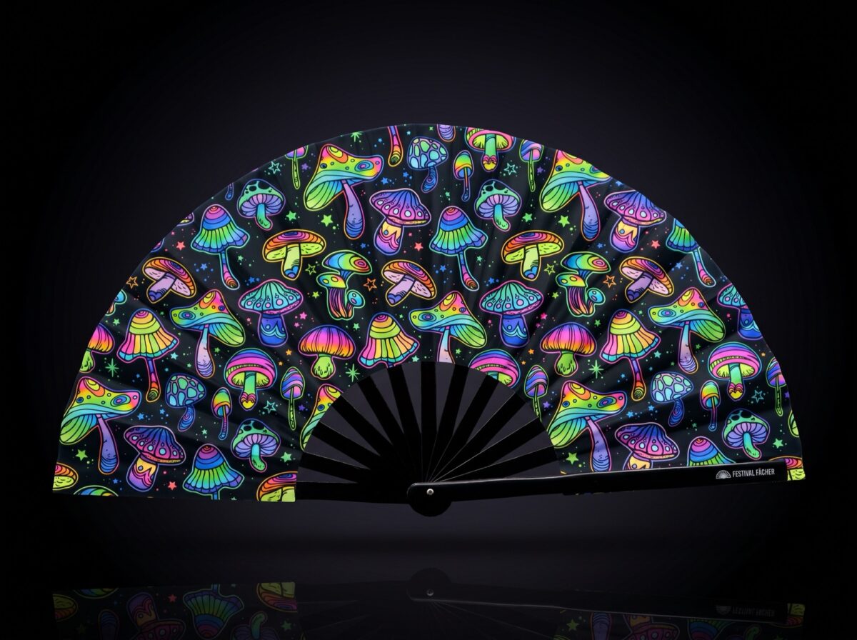 Festival Fan z neonowymi grzybkami, kolorowe na czarnym tle, do psytrance’u i goa