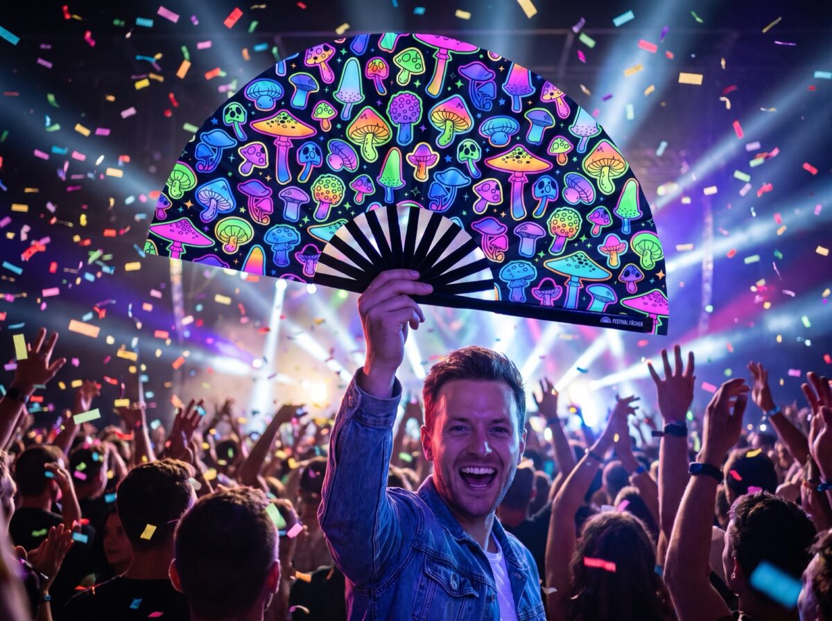 Festival Fan z neonowymi grzybkami, czarne, wykonane techniką aerografu, na Goa i psytrance, Widok 4