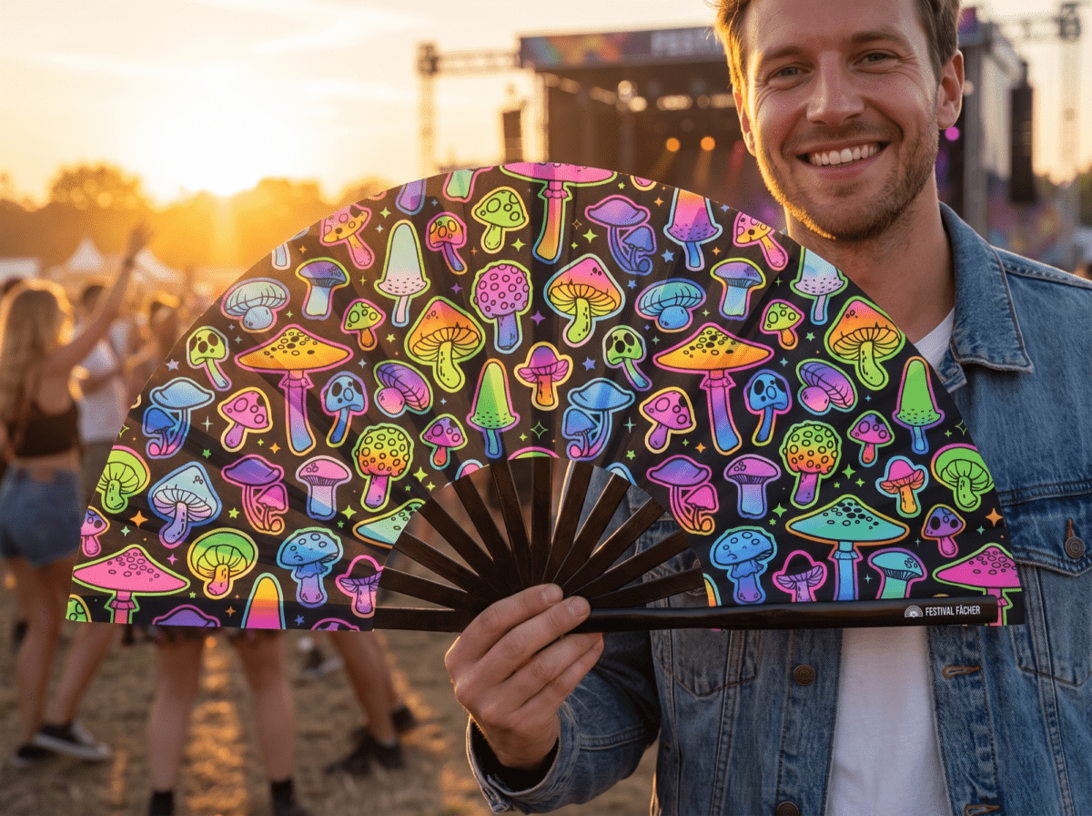 Festival Fan z neonowymi grzybkami, czarne, wykonane techniką aerografu, na Goa i psytrance, Widok 3