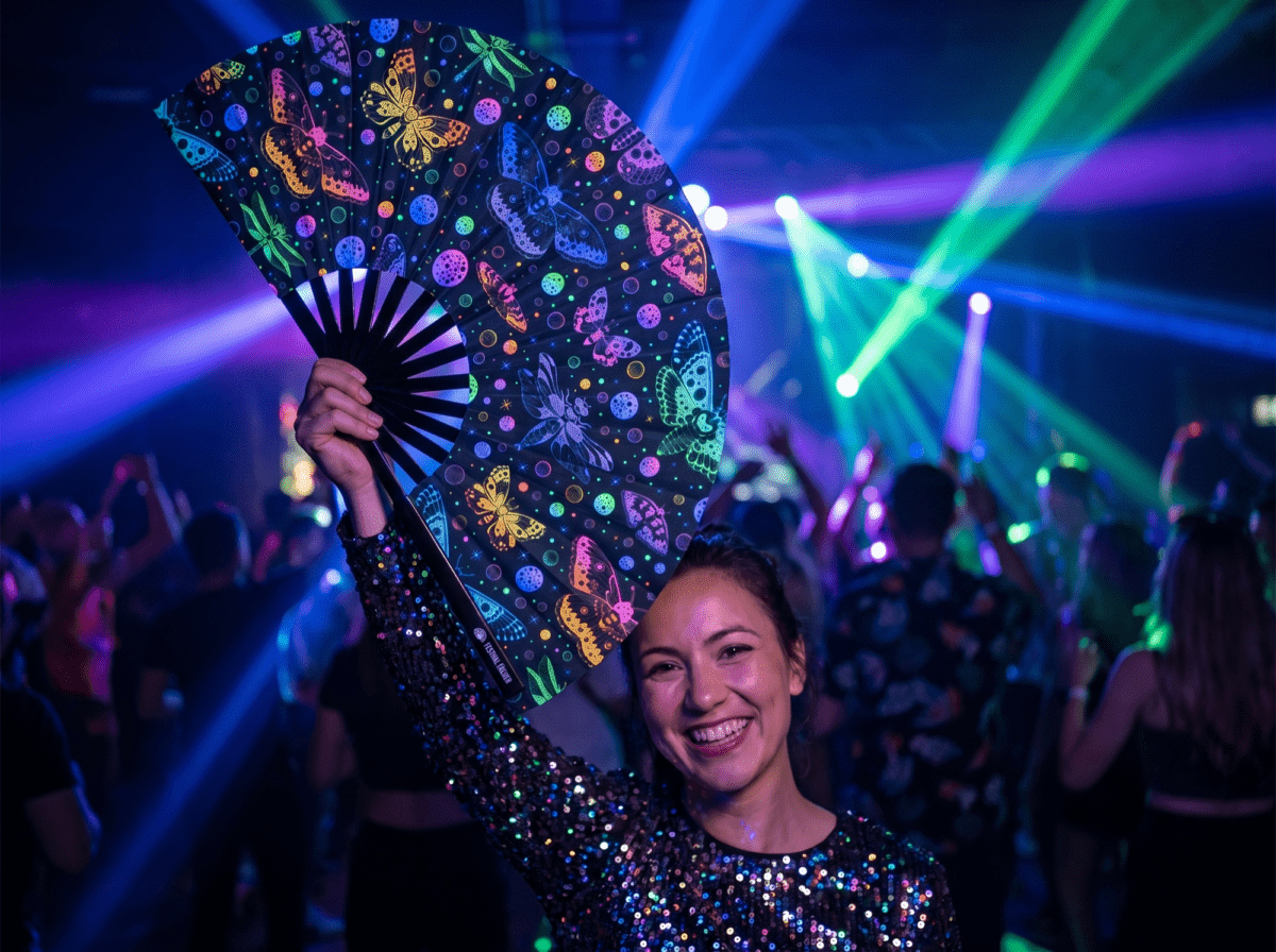 Festival Fan z neonowymi motylami, czarne, na Rave i pod światło ultrafioletowe, Widok 2