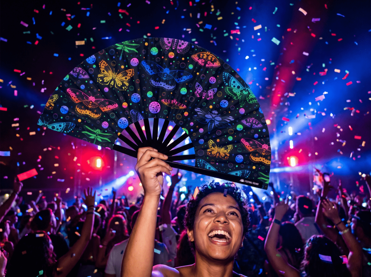 Festival Fan z neonowymi motylami, czarne, na Rave i pod światło ultrafioletowe, Widok 4